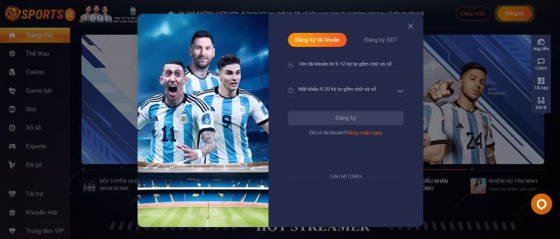 Giao diện đăng ký tài khoản tại web vsport